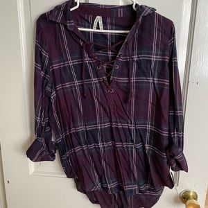 Mudd High low tie neck plaid shirt